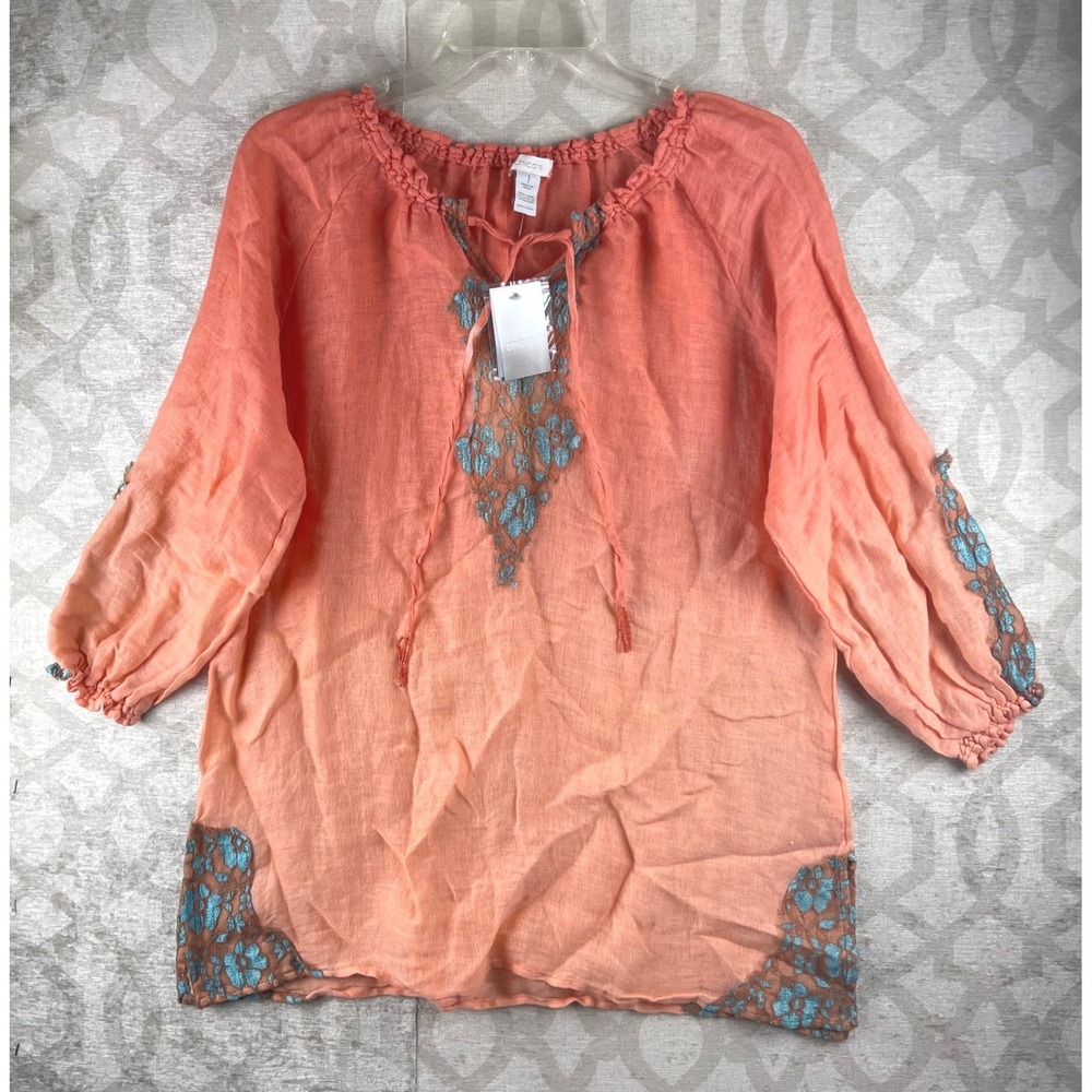 Chico's Ombre Horizon Michelle Top Linen Embroidered Women 1 Orange NWT 3/4 Slv